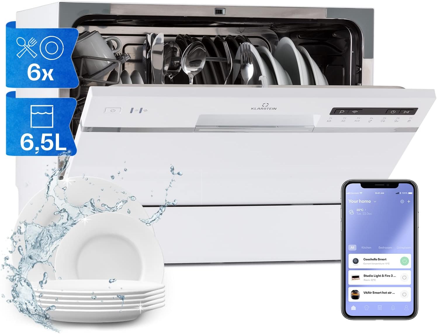 Klarstein  ia 8 - Spülmaschine, Geschirrspüler, Freistehend, Teilintegriert, F, 55 cm breit, 8 Maßgedecke, 6 Programme, Aquastop, silber
