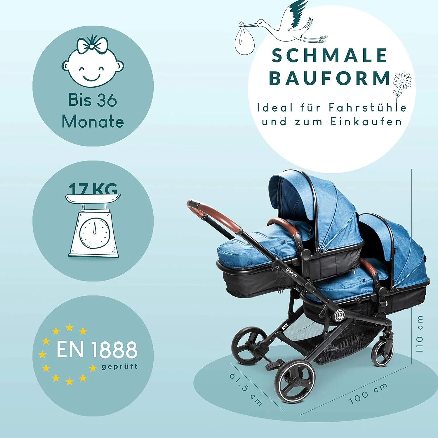 babyGO Kinderwagen 3-in-1 voor tweelingen - Duowandelwagen/tweelingwandelwagen voor baby's - Tweelingkinderwagen voor 2 kinderen met veel accessoires (blauw melange - zonder babyautostoel)