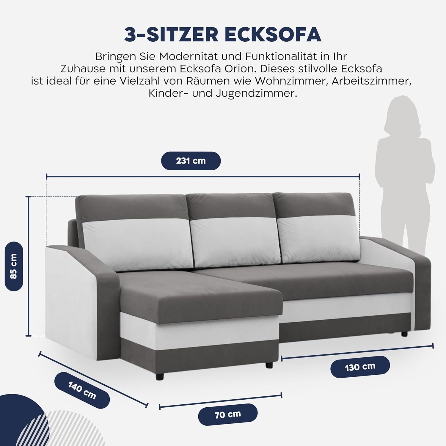 Mebligo - Ecksofa mit Schlaffunktion und Bettkasten Orion, Eckcouch Universelle Seite, Sofa L Form (BxTxH) 231 x 140 x 85 cm, Couch Wohnzimmer, Ecke Sofa, Grau + Schwarz (Mikro 27 + Mikro 15)