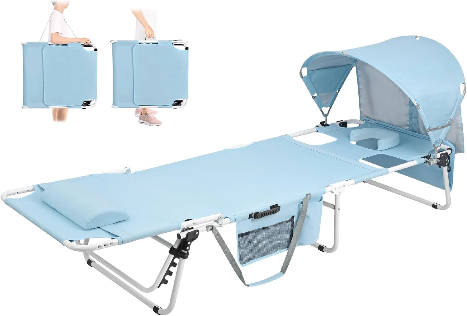 Tanning Chair with Sun Canopy Face Hole. Heavy Duty Folding Chaise Lounge Chair 5 Position Reclining for Adults Outside Reading Sunbathing Poolside Camping Beach. UPF 50+ Sun Shade. 300 LBS