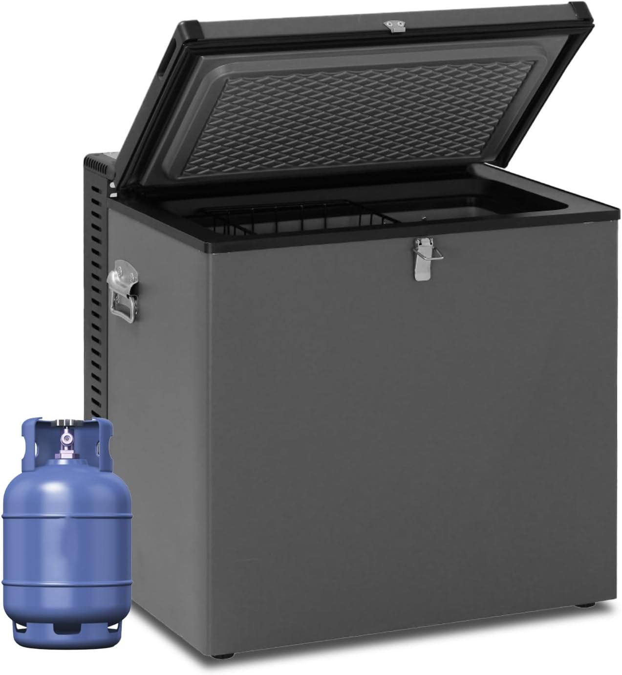 Smad Gas Gefrierfach, 70 l, Dreifach Gemischt, 12 V/230/LPG, Camping, Gas Gefrierschrank, geräuschlos, für Garage, Mobile, Reise, Schwarz