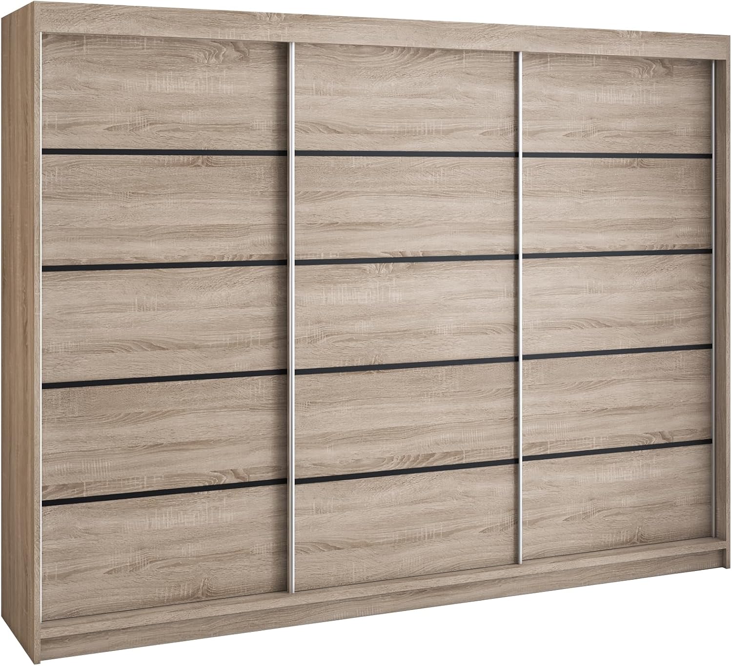 A&J MöbelLand Mero Schwebetürenschrank 200 cm, Kleiderschrank 3-türig mit 4 Schubladen (Sonoma/Sonoma/Sonoma/Sonoma)