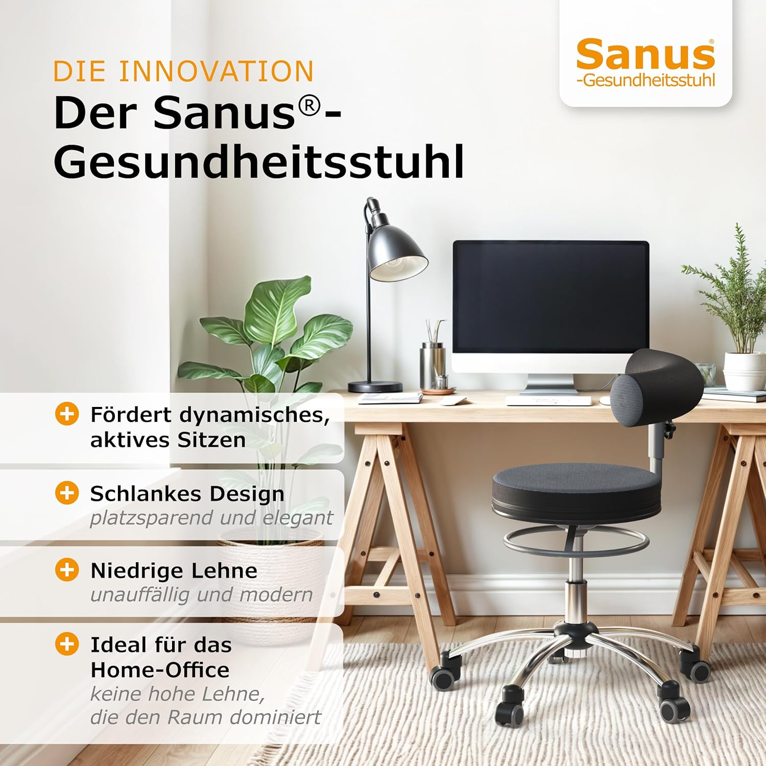 Sanus®-Gesundheitsstuhl | Rollhocker mit 360° Lehne, höhenverstellbarer Lehne, Sitzhöhe (42-51 cm), Stoffbezug grau/schwarz, Rollstopp-Rollen. Ergonomischer Bürostuhl, Erzieherstuhl