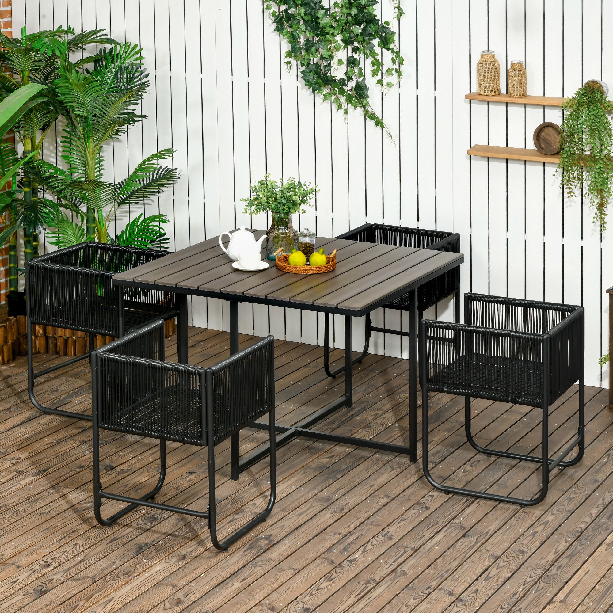 5-delige tuinset, polyrattan, inclusief zitkussens, weerbestendig, zwart/grijs