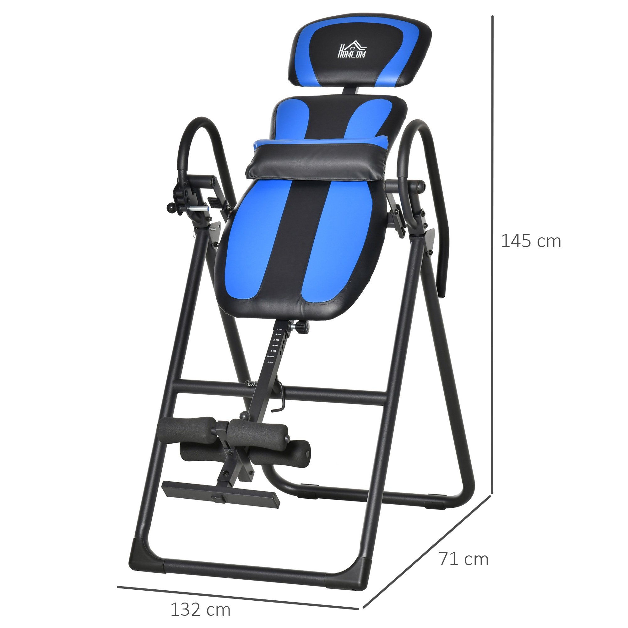 inversiebank opvouwbare zwaartekrachttrainer met twee beweegbare wielen set rugkussen metaal ABS zwart + blauw 132 x 71 x 145 cm