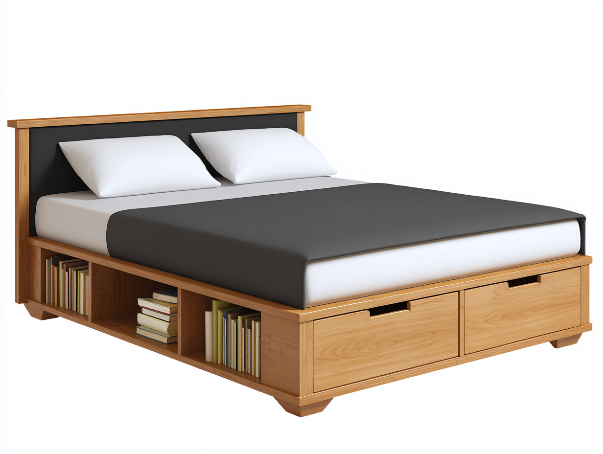 Doppelbett für Schlafzimmer mit Schubladen und offenen Regalfächern Holz 210x170x100 cm - Naturholz - Modernes Design