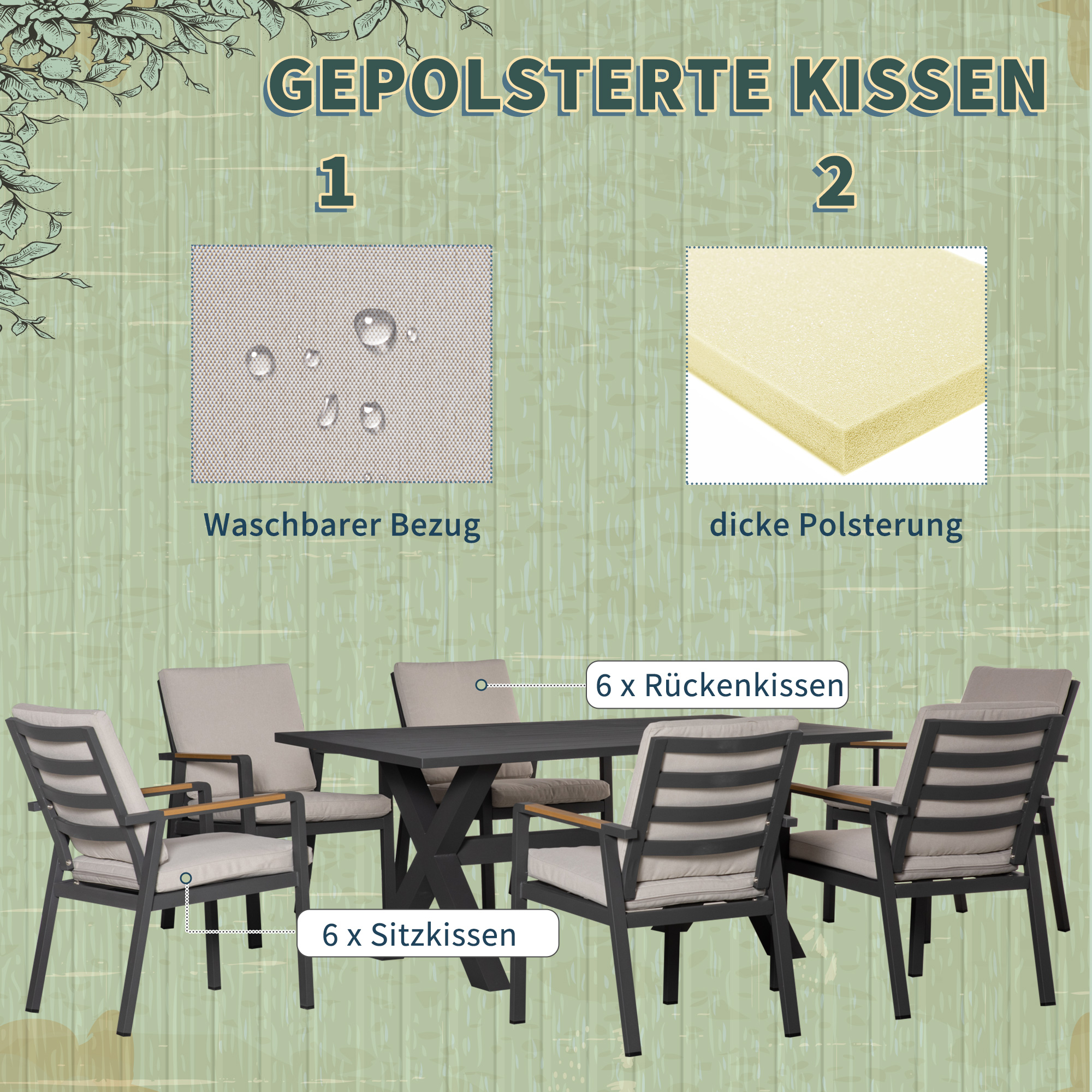 Outsunny zitgroep 7 stuks. Eetkamerset met kussens Tuinmeubelset aluminium kunststof