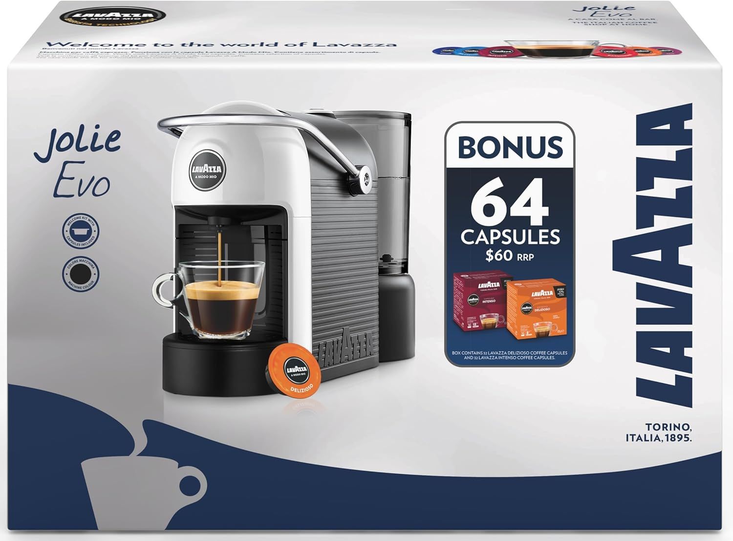Lavazza A Modo Mio Jolie EVO Coffee Machine, Eco-Friendly Design with 64 Pods, White