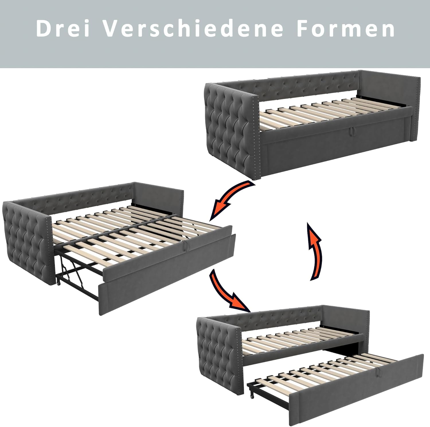 Polsterbett Ausziehbares Schlafsofa 90/180 * 200 cm mit Lattenrosten, Multifunktionsbett aus hautfreundlichem Samtstoff Dunkelgrau，Klassische Vollform mit Knöpfen