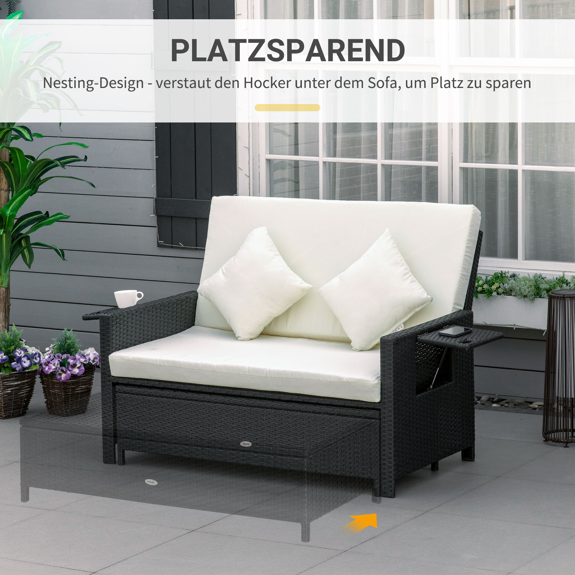 Outsunny Poly-rotan loungebank 2-zits set ligstoel kruk bruin
