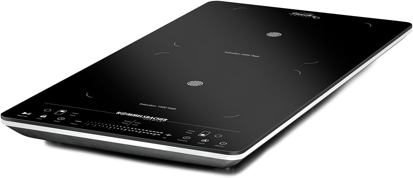 ROMMELSBACHER Doppelkochplatte CT 3430/IN, Induktion, vertikale Bauform, platzsparend, 2 Heizzonen, 10 Leistungssturen, 10 Temperaturstufen, Timer, Slider Touch & Touch Control