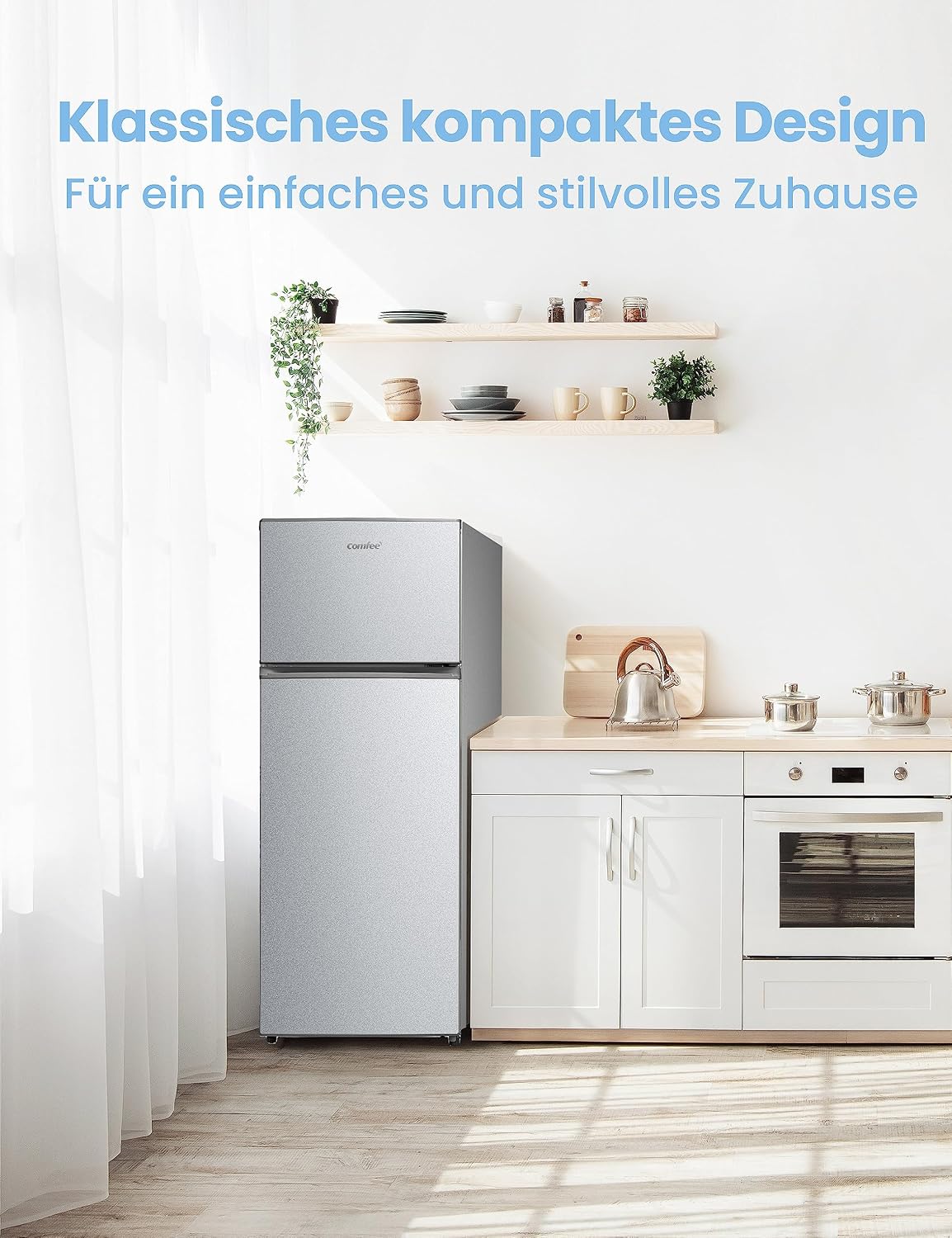 Comfee RCT284DS2 Kühl-/Gefrierkombination/Gefrierteil oben/176 kWh/Jahr/143cm Höhe/LED Licht/Reversibles Türscharnier/Silber