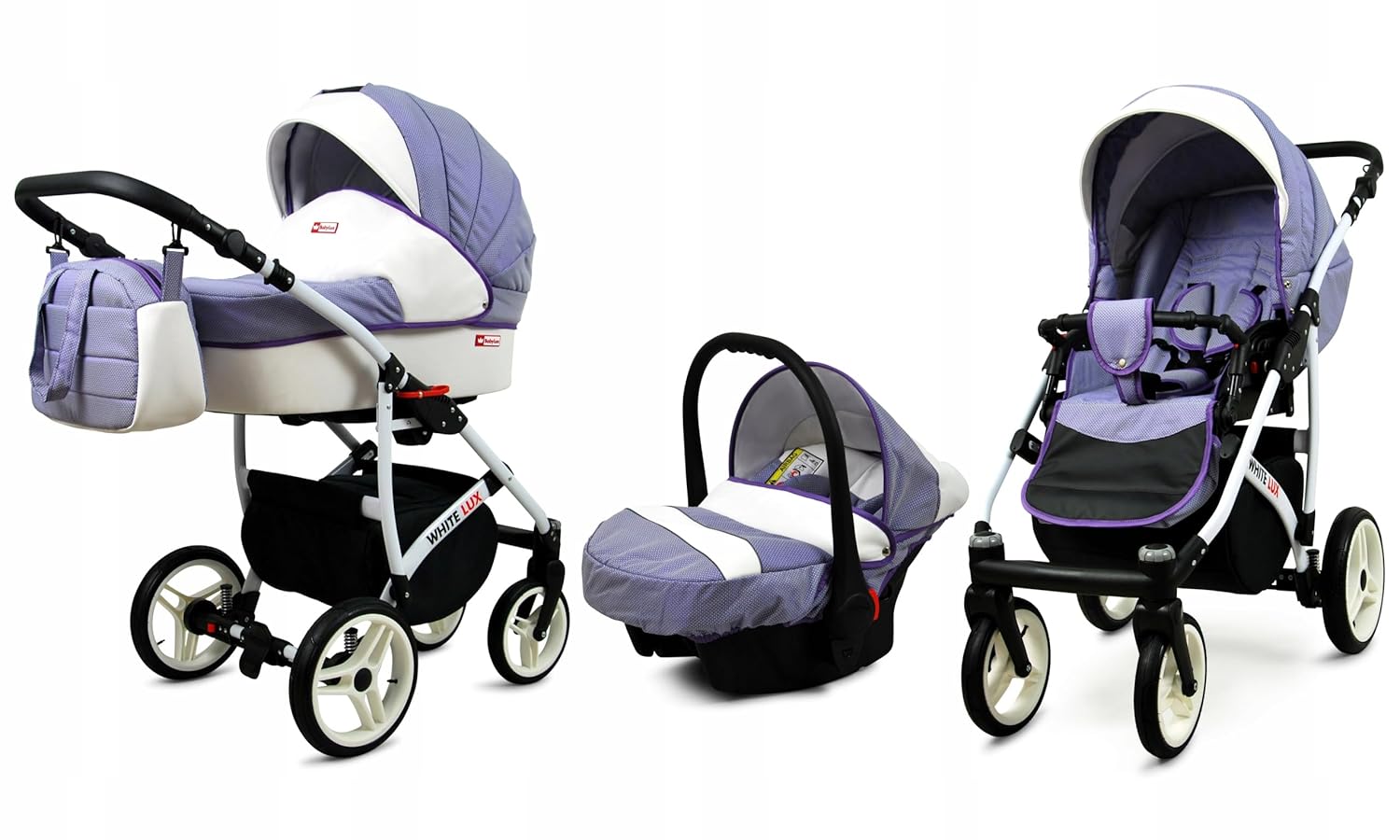 BabyLux® Bambimo Kinderwagen Set 3 in 1 - White Lux - incl. Babywanne, Buggy Sportsitz, Auto-Babyschale - Autositz - Kinderwagenset - Kombikinderwagen mit Wickeltasche, Regenschutz usw.