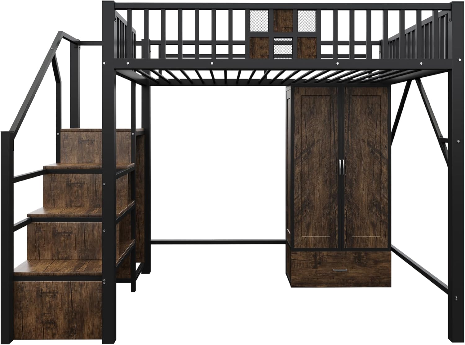 Merax Hochbett aus Metall, 140 x 200 cm, mit Drahtgitter, integriertem Schrank, Schubladen und Aufbewahrungsleiter, platzsparendes Kinderbett, modern und robust, schwarz (ohne Matratze)