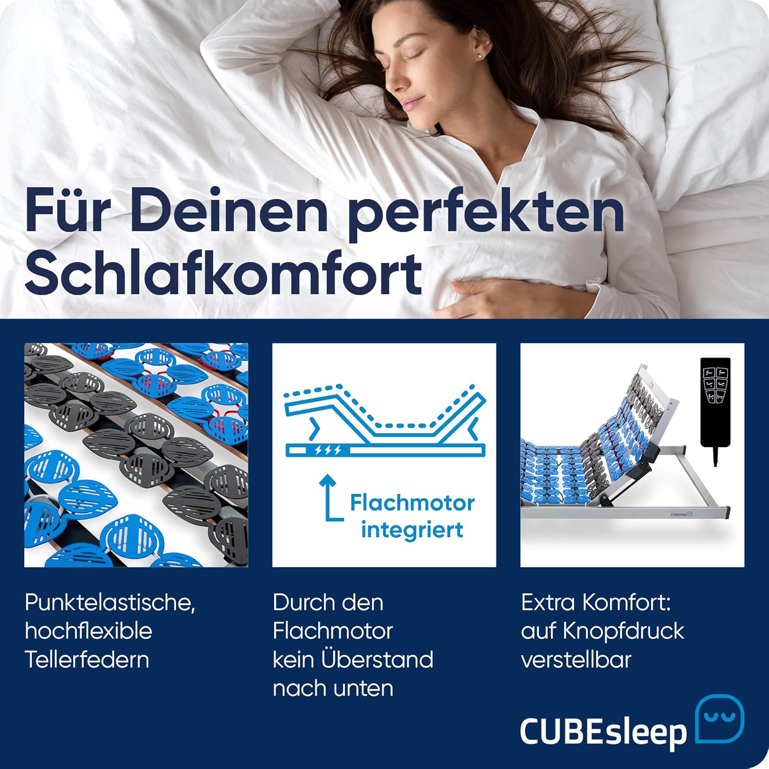 CubeSleep 7-Zonen Tellerfeder-Lattenrost Cloud 90x200 cm | Kopf- und Fußteil elektrisch verstellbar | Made In Germany | GS Zertifiziert – geprüfte Sicherheit | fertig montiert