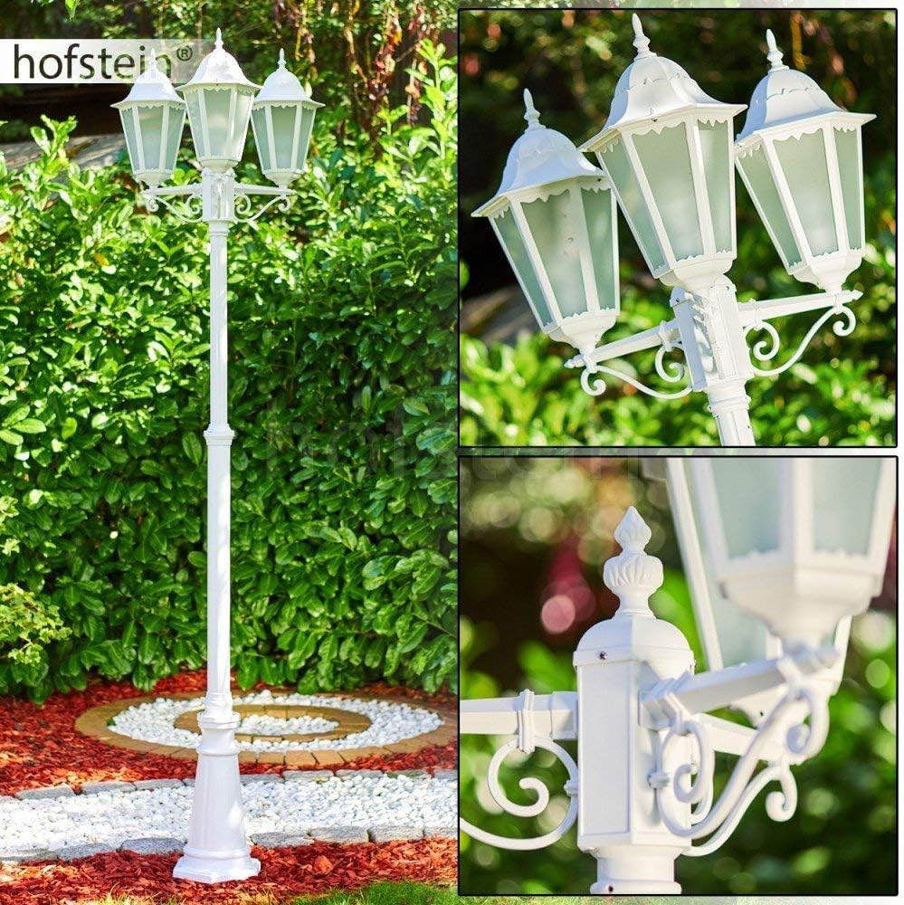 HOFSTEIN Kandelaber Hongkong, Außenwegeleuchte aus Metall/Milchglas in Weiß, Wegebeleuchtung 220 cm, 3 x E27, IP44, Wegeleuchte im Retro/Vintage-Design für Garten, Außenbereich, Hof