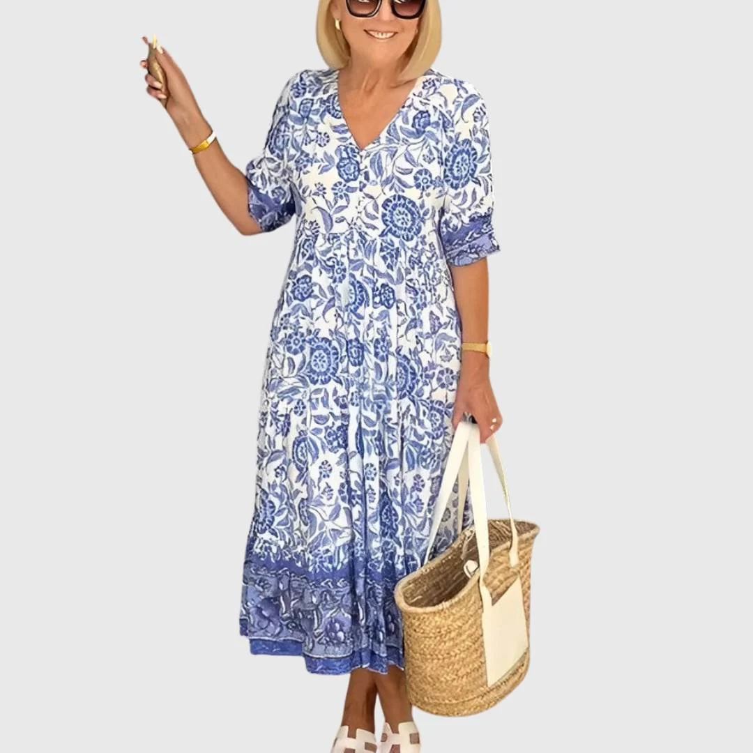 Damen Maxikleid mit Blumenmuster | Luftiges Sommerkleid mit V-Ausschnitt | Florales Freizeitkleid f��r jeden Tag