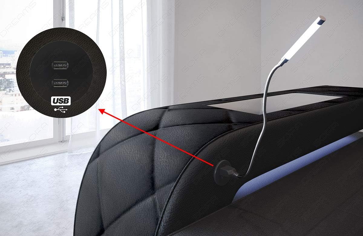 Sofa Bologna als Ecksofa in der L-Form Ledersofa mit USB-Anschluss Stauraum Beleuchtung Kopfstützen Designersofa Couch (Ottomane Links (auf Sofa blickend), White)