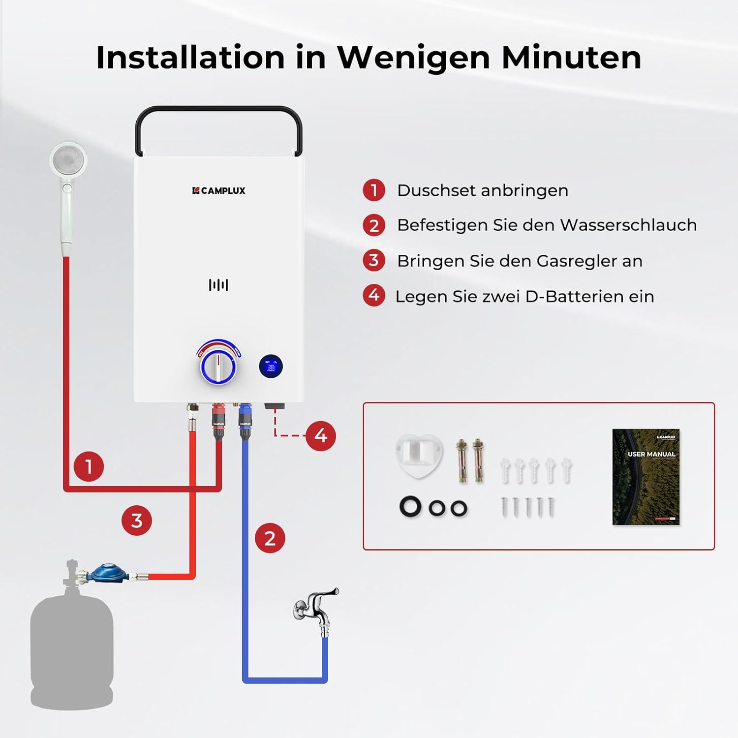 CAMPLUX 10 Liter Gasdurchlauferhitzer mit 3-stufig Verstellbarem Griff F10-DE, LPG, 50mbar, für Campingdusche/Wohnmobilausflug, Serie First