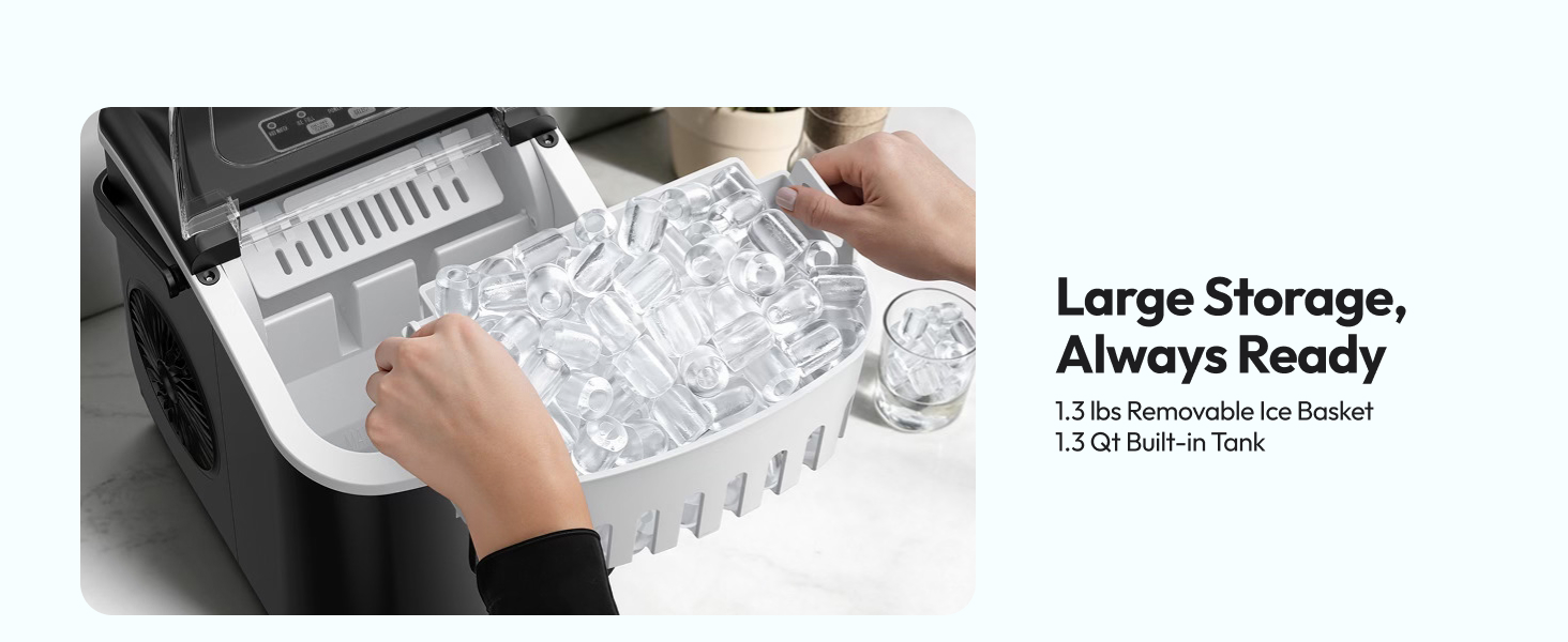 Der Text lautet „Großer Speicher“. „Always Ready“ und „Integrierter Loop mit 13,8 Litern Fassungsvermögen“. Aufbewahrungsbehälter aus durchsichtigem Kunststoff mit Fächern für Küchenutensilien.