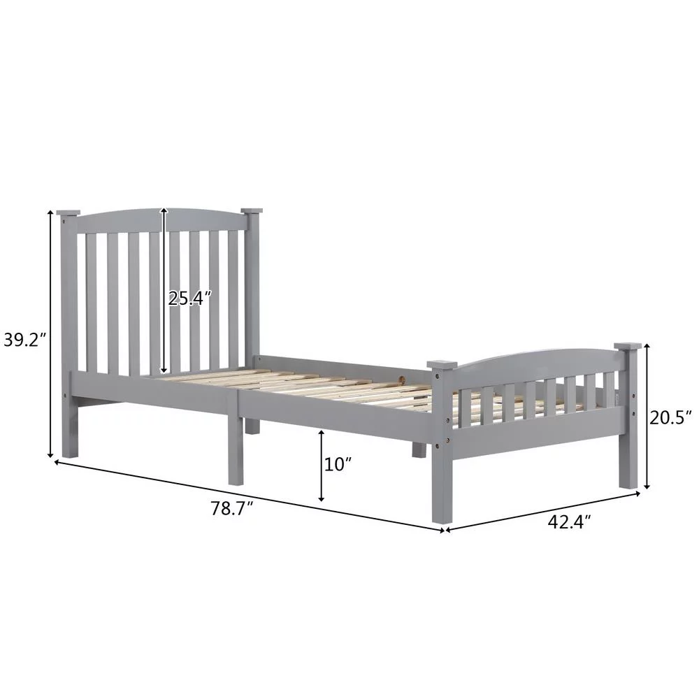 Ktaxon Verticaal Houten Bedframe voor Slaapkamer met Hoofdbord en Voetbord, Grijs, Eenpersoonsmaat
