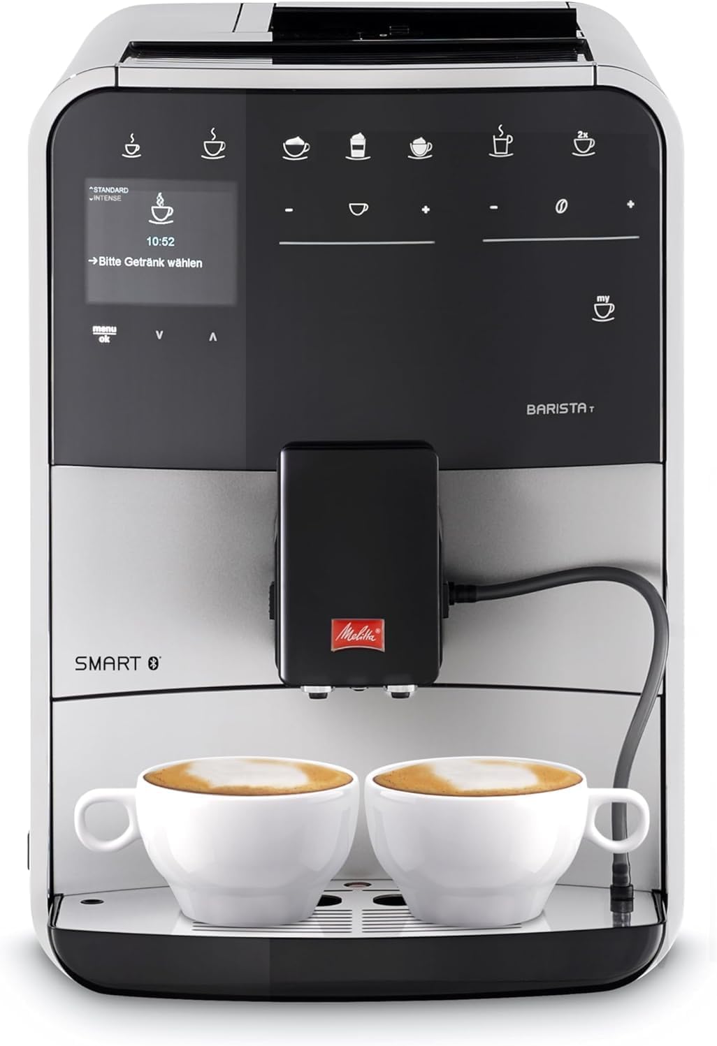 Melitta Barista T Smart - Kaffeevollautomat mit Milchsystem, Kaffeemaschine mit Mahlwerk, für z. B. Cappuccino oder Espresso, App Steuerung möglich, schwarz/silber
