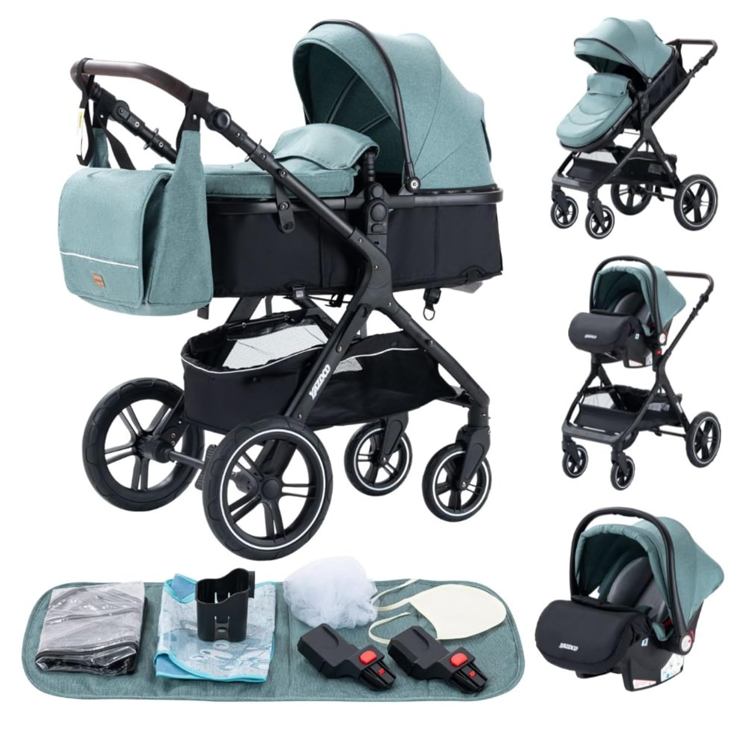 YAZOCO kinderwagen 3 in 1 Buggy Babybett Komplett Set Einem Klick Zusammenklappbarer Kinderwagen, KombiKinderwagen Aluminiumrahmen für Neugeborene (Schwarz)