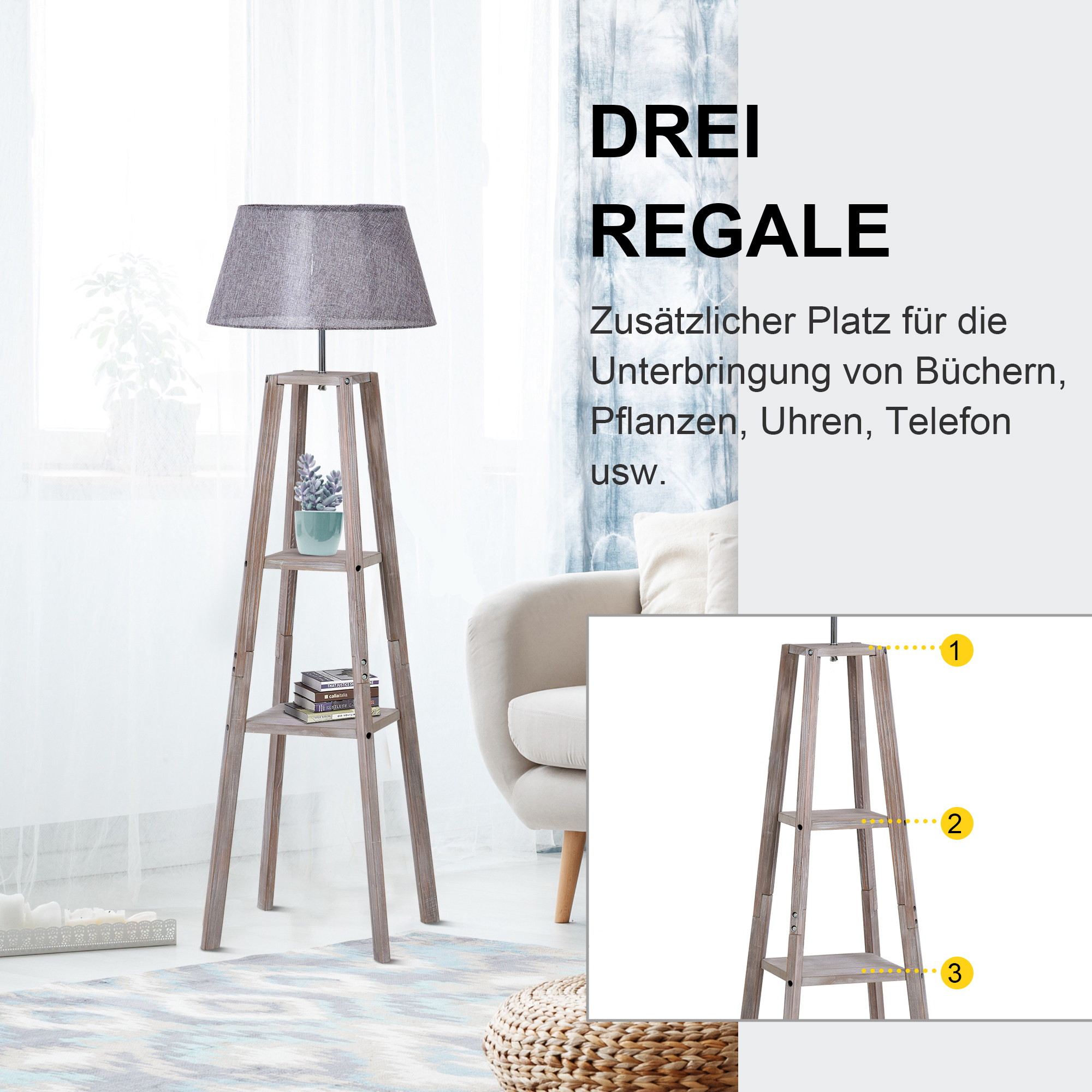 Staande lamp met schappen, Scandinavische schemerlamp, lamp, linnen, grenen hout, natuurlijk, grijs, 45 x 45 x 148 cm schappen vloerlamp lamp grenen naturel grijs | Aosom.de