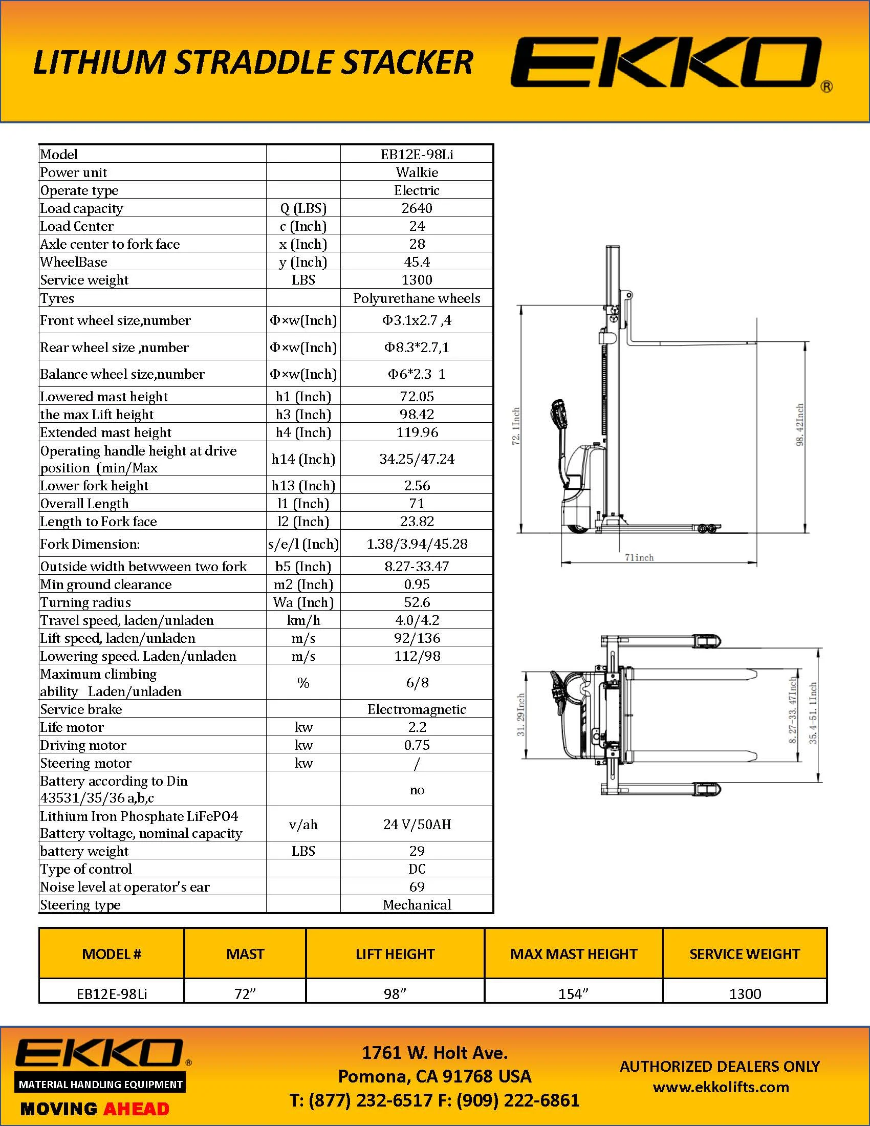 2025 EKKO EB12E-98Li Lithium Reach Stacker - Capaciteit 2640 lb