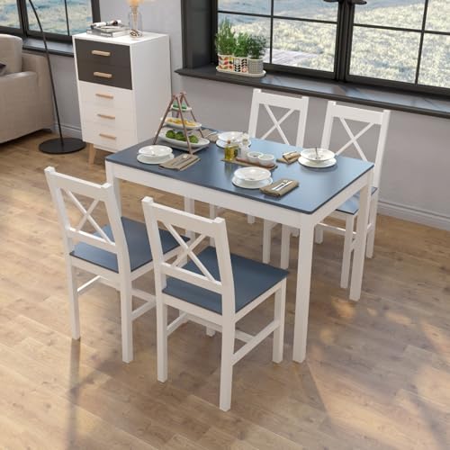 Mondeer Tavolo e Sedie Cucina, Set da Pranzo con Tavolo e 4 Sedie di Pino per le Cucina Sala da Pranzo, 108 x 65 x 73 cm, blu : Casa e cucina