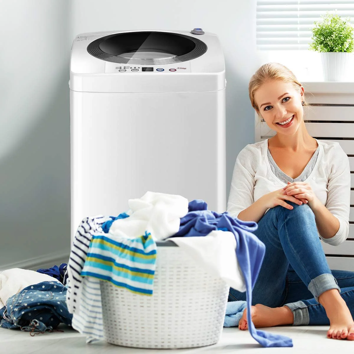 COSTWAY Mini Wasmachine 3,5KG, Volautomatische Wasmachine met Centrifuge, 6 Programma's, Bovenlader Wasmachine incl. Pomp, 240W Kleine Wasmachine voor Appartement, Camper & Camping
