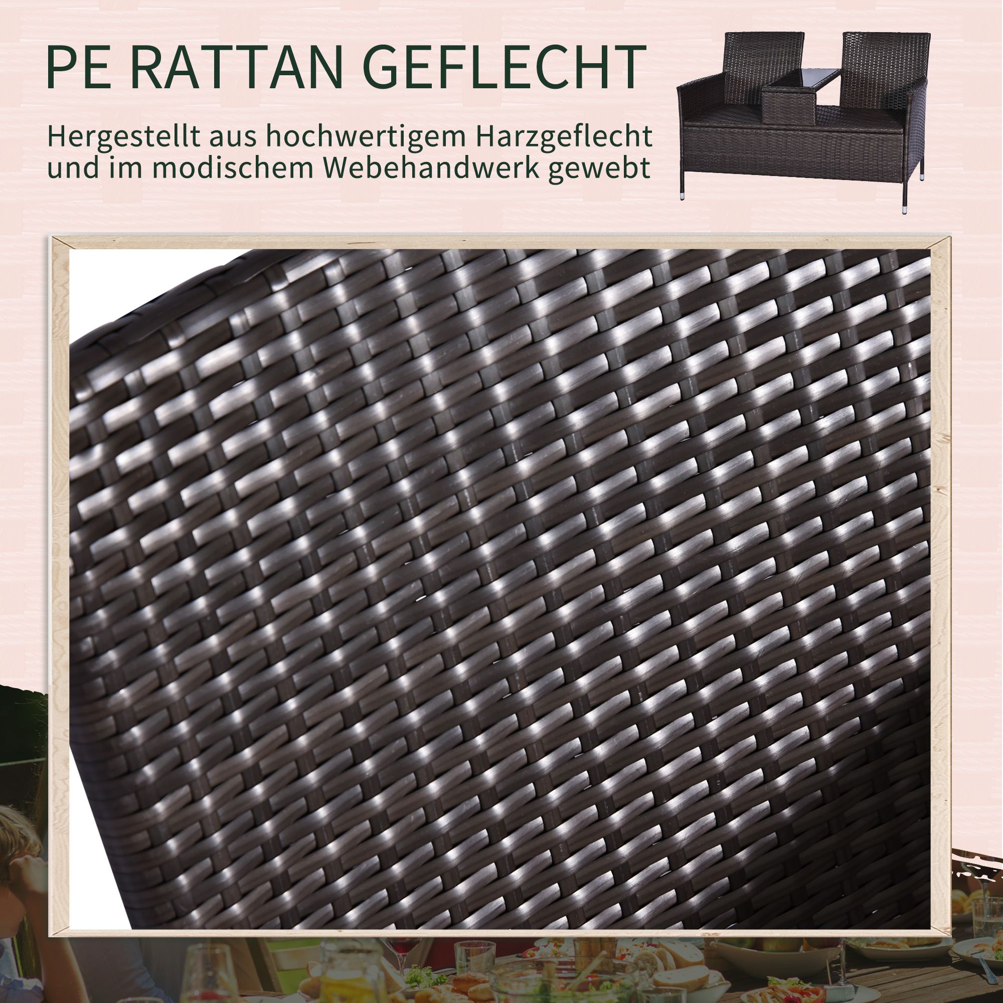 Poly-rotan tuinbank met tafel tuinbank bank 2-zits staal bruin