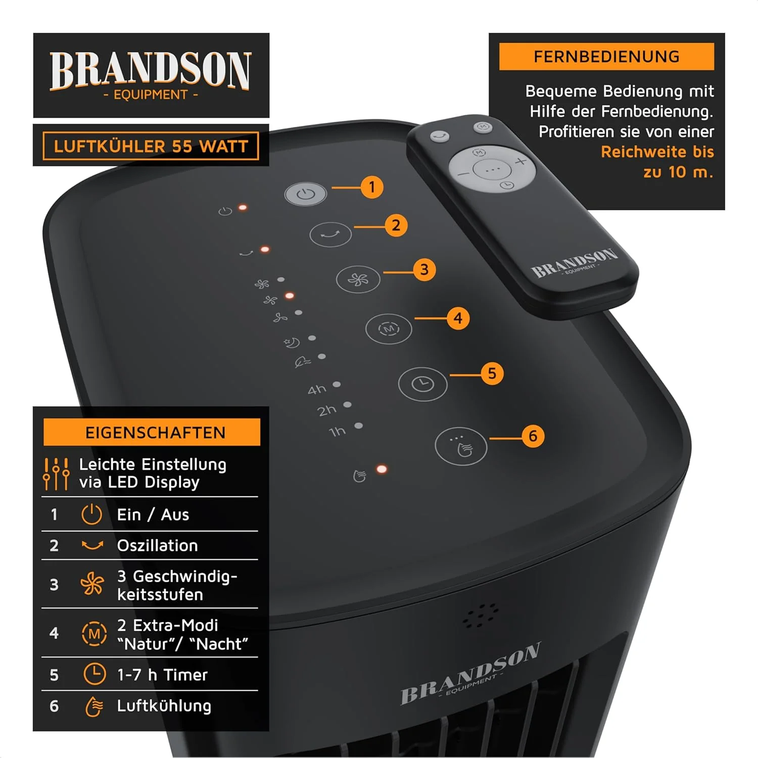 Brandson - Luchtkoeler met waterkoeling 5-in-1 - Verdampingskoeler, luchtbevochtiger, ventilator & luchtreiniger, mobiele airconditioning zonder afvoerslang - Prijswinnaar 2025 - stil - 5L watertank