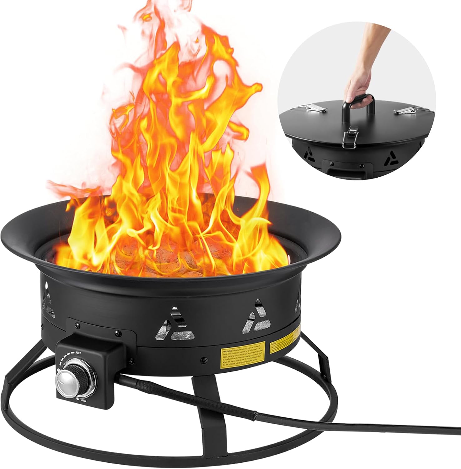VEVOR Portable Propane Fire Pit, 24-Inch Diameter Outdoor Gas Fire Pit with Cover & Lava Rocks, Adjustable Flame Height Camping Firepit for Heating, Lighting, Gathering, 58,000 BTU, Black
