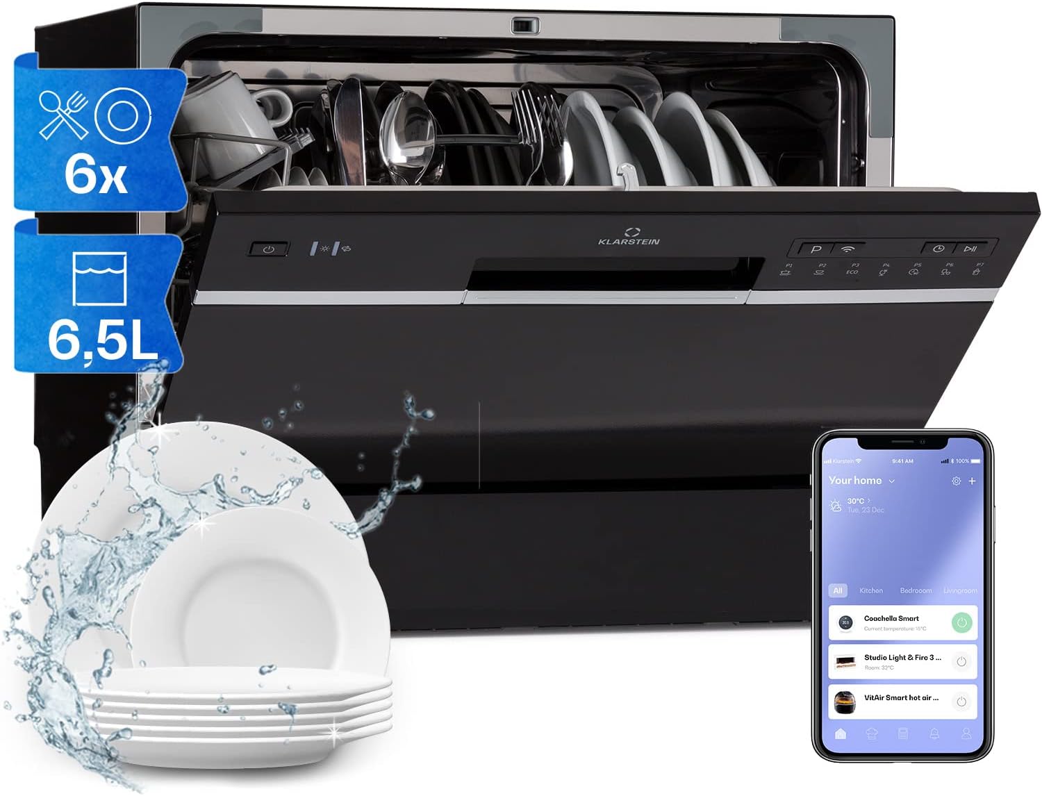 Klarstein  ia 8 - Spülmaschine, Geschirrspüler, Freistehend, Teilintegriert, F, 55 cm breit, 8 Maßgedecke, 6 Programme, Aquastop, silber