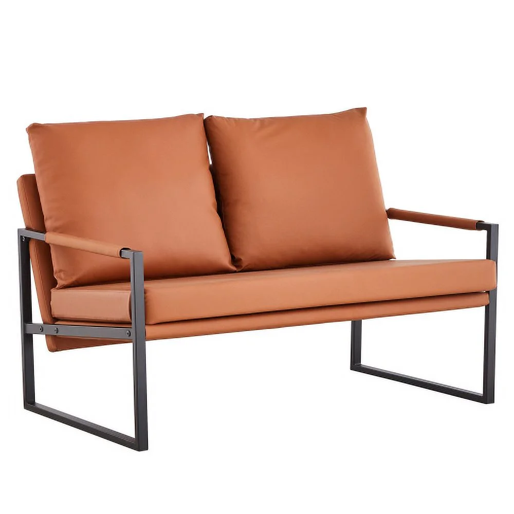 Moderne 2-zitsbank met 2 kussens �C PU-leer, Hoge Dichtheid Schuim, Zwarte Gecoate Metalen Frame, Bruin