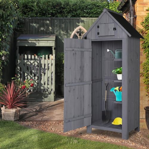 LEADZM Gartenschrank Holz für Außenbereich, gartenhaus Holz, Grau, 3 Regalböden, geräteschuppen für Garten, Terrasse, 77 X 54 X 180 cm
