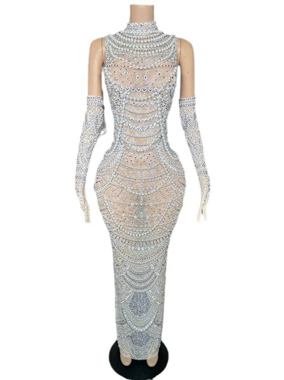 Pearl Embellished Fitted Maxi Party Dress