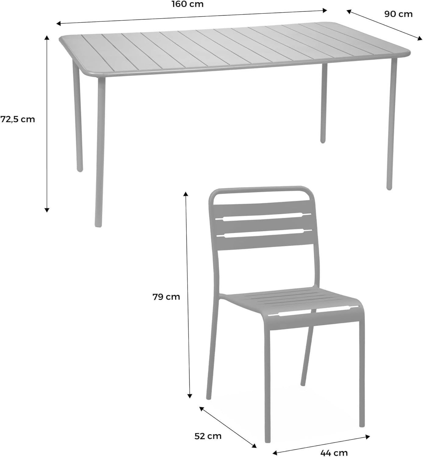 sweeek - Gartentisch + 2 Sessel und 4 Stühle, Stahl mit Rostschutzbehandlung, 160 x 90 x H 72,5cm - Amelia