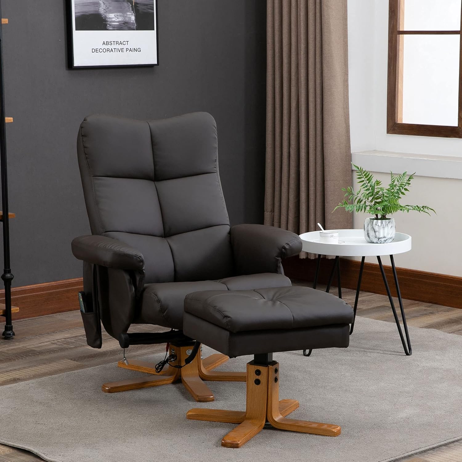 HOMCOM Relaxsessel mit Hocker, 360°drehbarer Fernsehsessel mit Massage, Liegefunktion, Massagesessel mit Seitentasche, TV-Sessel, Kunstleder für Wohnzimmer Braun