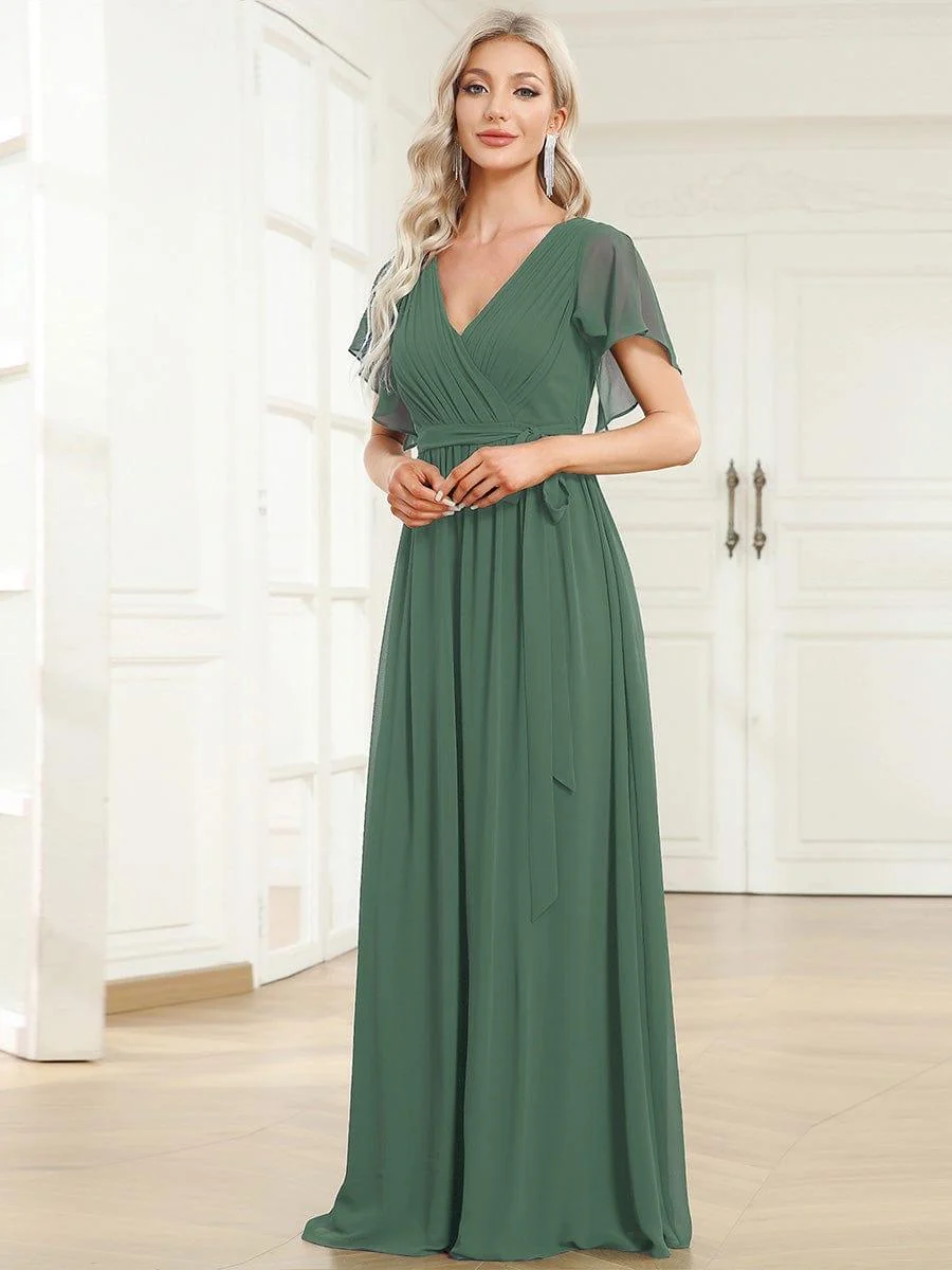 Abendkleid Damen Maxi A-Linie aus Chiffon | Festliches Kleid f��r Hochzeitsg?ste mit V-Ausschnitt und Fl��gel?rmeln