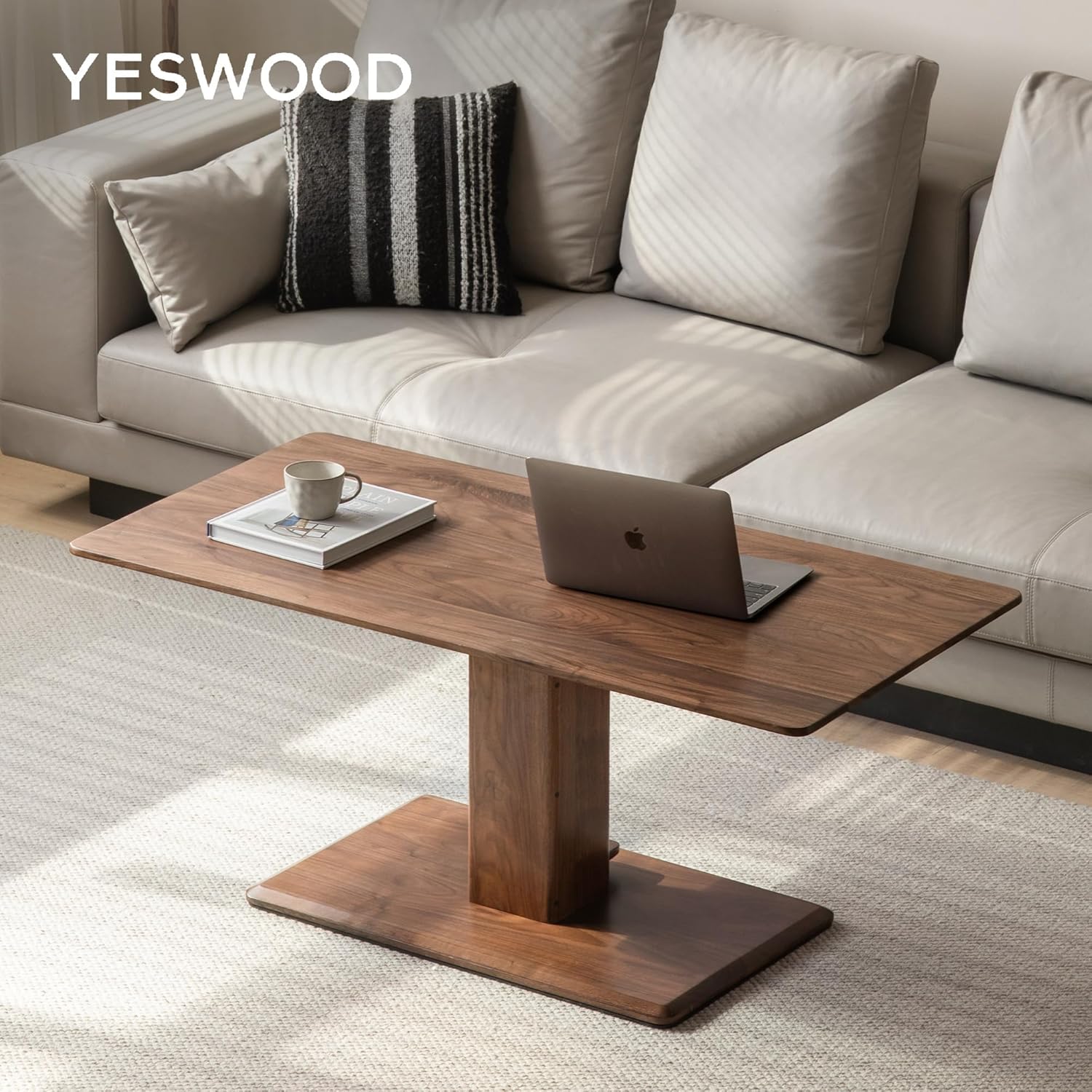YESWOOD Höhenverstellbarer Couchtisch aus Eiche Massivholz, Modernes Design, Wohnzimmertisch aus Massivholz, Verstellbare Tischplatte 47–72 cm, 100 x 50 x 47 cm, Walnuss