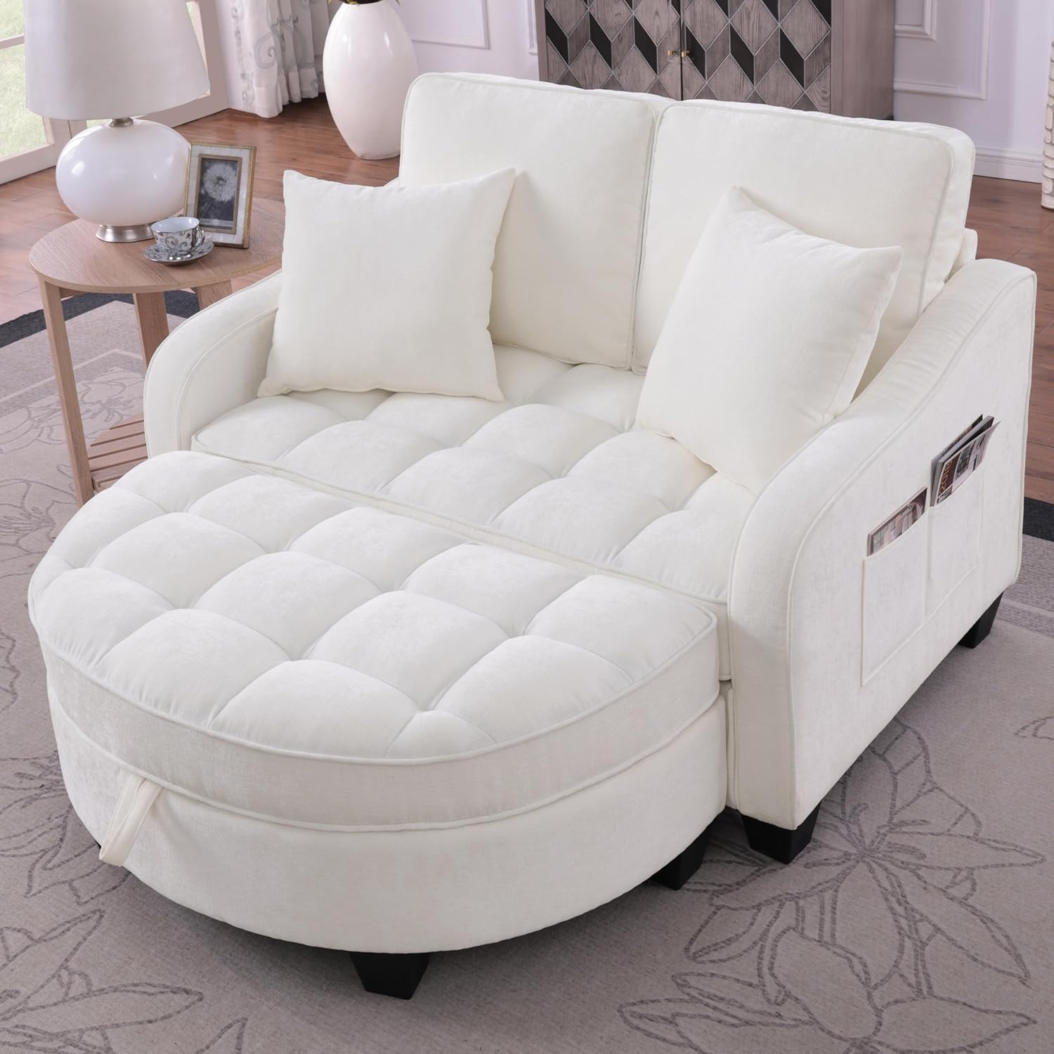 Sofa mit Schlaffunktion, 2-in-1 Schlafsofa, Modulares Sofa, Aufbewahrungs-Hocker & 4 Kisse, für Kleine Wohnzimmer, Studienzimmer, Schlafzimmer, 132×129×93cm (Beige)