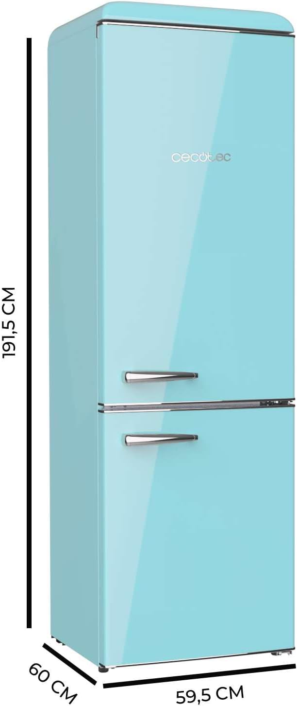 Cecotec Retro-Kühl-Gefrierkombination mit 300L Bolero CoolMarket Combi Origin 300 Blue E, Klasse E, Innenbeleuchtung LED, Crisper Box, Temperaturregelung, verchromter Griff und Glasregale.