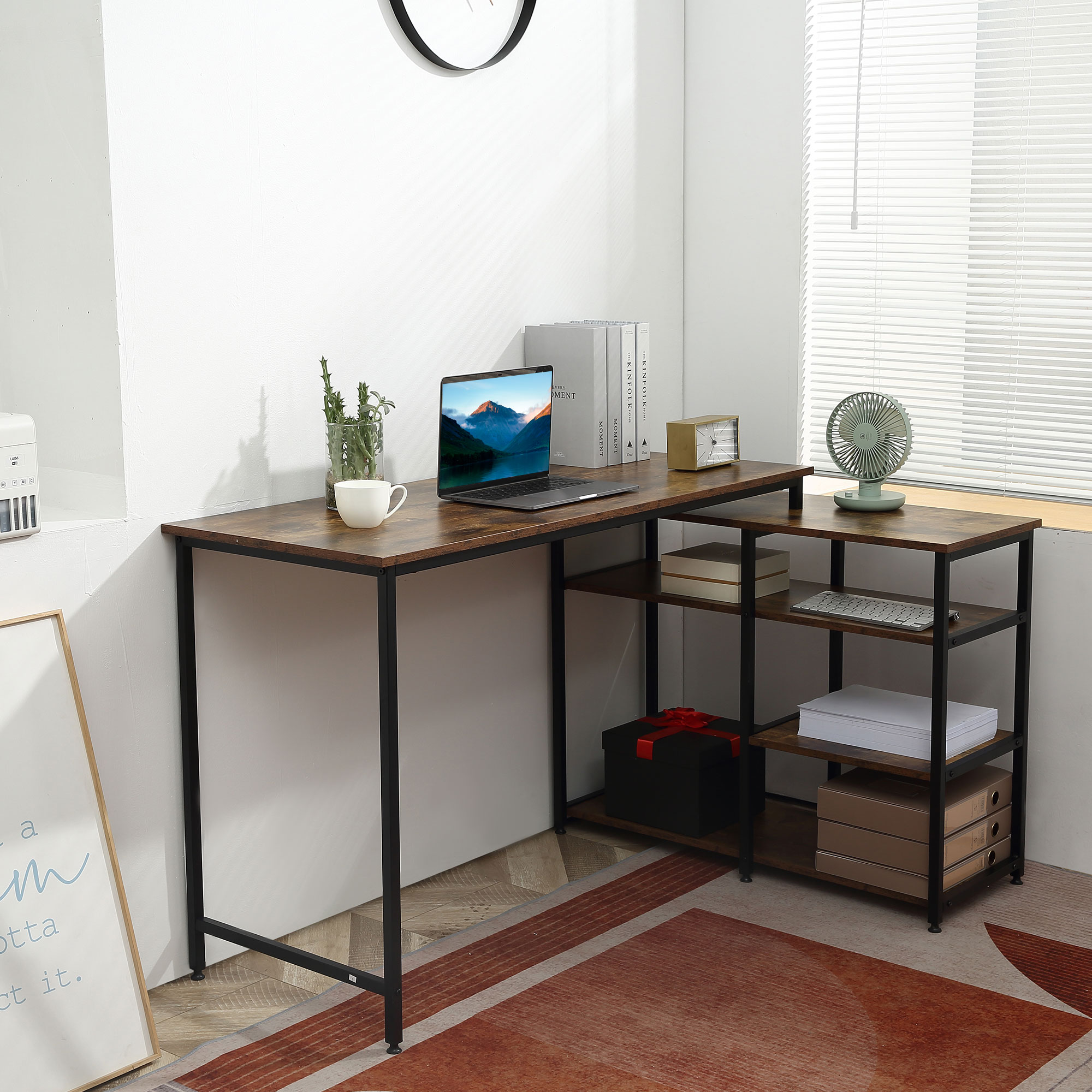 hoekbureau hoektafel PC-bureau computertafel kantoor tafel plank lade L-vorm spaanplaat metaal rustiek bruin 135 x 90 x 79 cm
