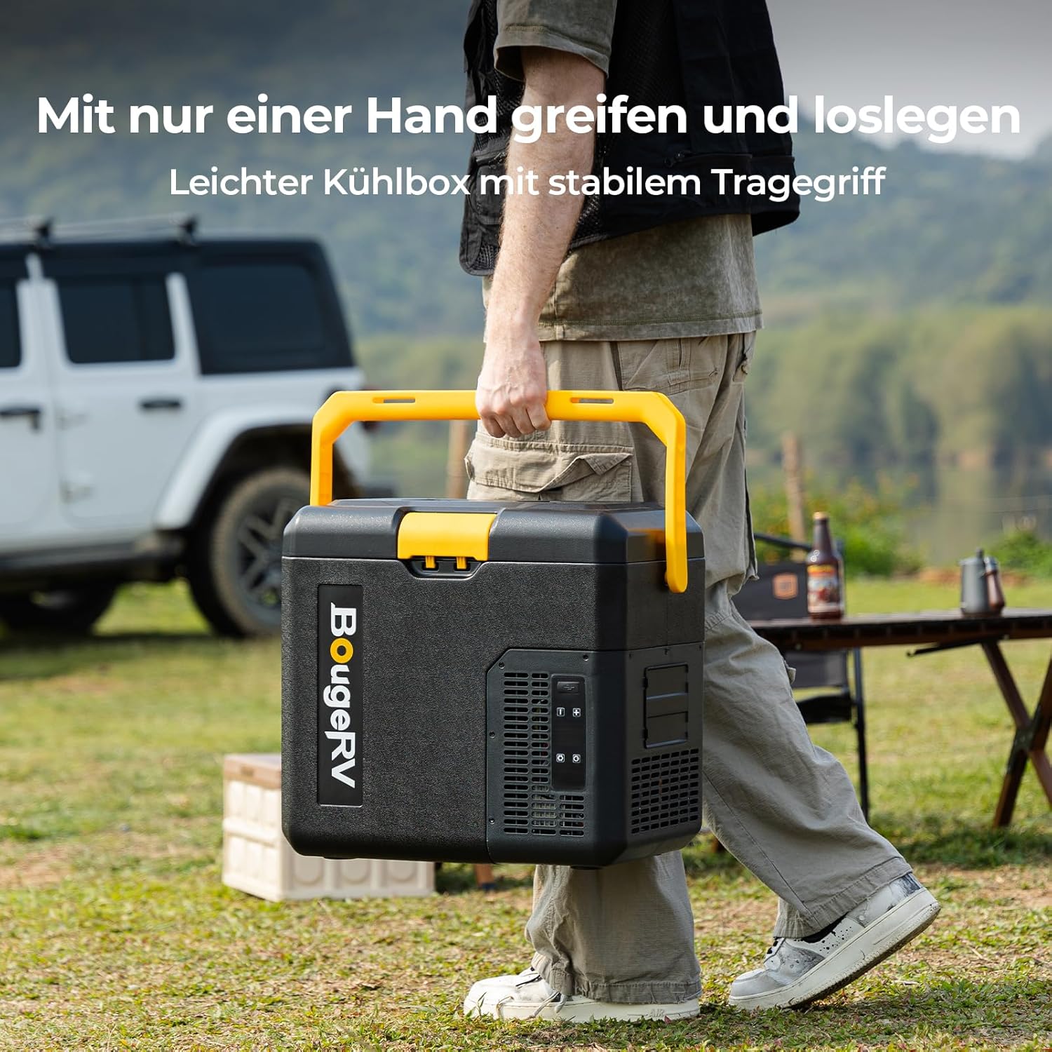 BougeRV CRH Kompressor Kühlbox Klein 18L mit Griff, Auto Kühlbox Tragbar 12V/24V 230V Auto Kühlschrank Elektrisch Mini mit Akkufach App-Steuerung Gefrierfach für Camping Reisen Boot Angeln -20°C~20°C