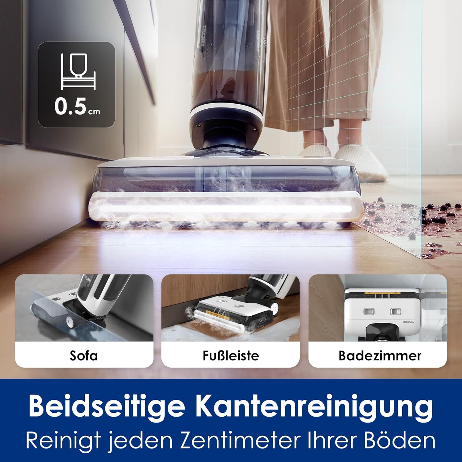 Tineco iFLOOR 5 Steam Nass Trockensauger, 120℃ Hochtemperatur-Dampf, Dampfreiniger mit Kabel, Selbstreinigung Nasssauger, Hartholz bodenreiniger für klebrige Verschmutzungen, Essensreste