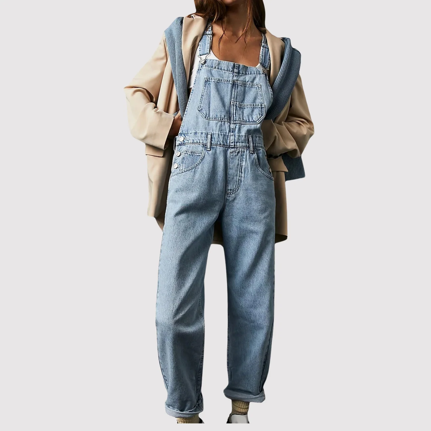 Damen Latzhose aus Denim | Klassische Jeans-Latzhose mit verstellbaren Tr?gern und Brusttasche | Bequemer Full-Length Jumpsuit