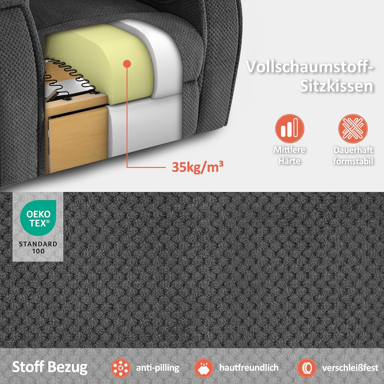 M MCombo Fernsehsessel elektrisch verstellbar, Relaxsessel mit Liegefunktion, TV Sessel mit Massage & Wärmefunktion, USB & Getränkehalter, 35D Vollschaum-Sitzkissen 7008 (Stoff, Dunkelgrau)