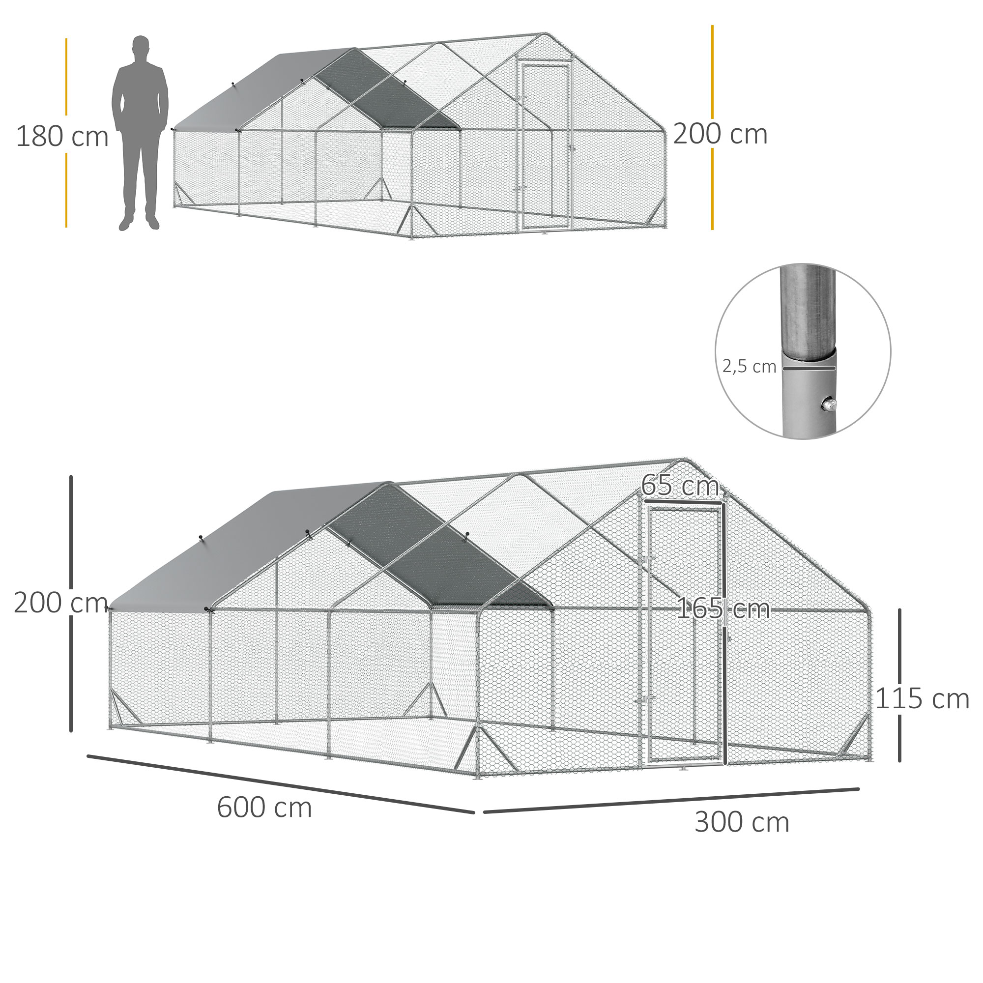 Pawhut kippenhok 300cm x 600cm x 200cm gegalvaniseerd staal